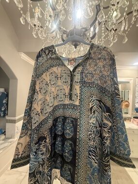 Johnny Was Carly Jessa Silk Tunic Blue Boho Floral Paisley Top